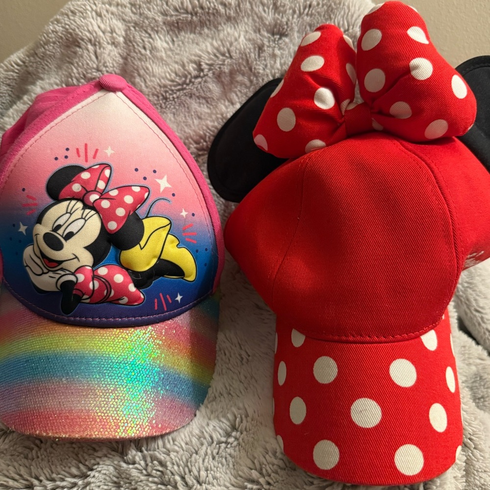 2 Pc Minnie Mouse Rainbow and Red Polka Dot Hats Toddler/Youth